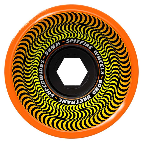 A close-up view of a SPITFIRE 80HD SUPERWIDES 58MM ORANGE skateboard wheel featuring a black and yellow spiral design, labeled "Spitfire Wheels" around the center.