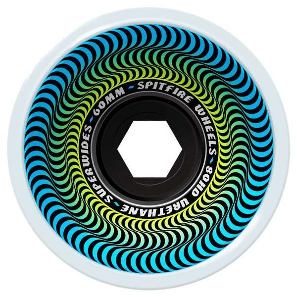 Close-up of a SPITFIRE skateboard wheel with a psychedelic pattern in blue, green, and black concentric waves. The text on the wheel reads "SPITFIRE 80HD SUPERWIDES 60MM ICE GREY," highlighting the durability and performance of SPITFIRE wheels.