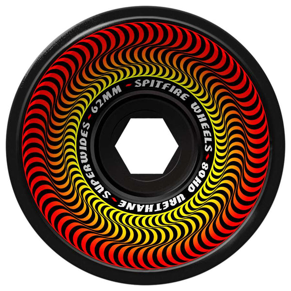 Close-up of a skateboard wheel with a vibrant spiral pattern in red, yellow, and orange. The text around the wheel reads "SPITFIRE 80HD SUPERWIDES 62MM BLACK - 80HD Durometer - Urethane - Superwides.