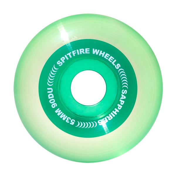 A green/clear jelly looking wheel with the brand named around the core.