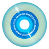 A blue/clear jelly looking wheel with the brand named around the core.