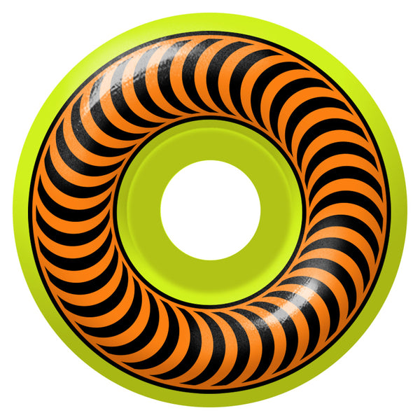 Inflatable swimming ring with green edges and a black-and-orange SPITFIRE CLASSIC 99D 53MM YELLOW striped center.
