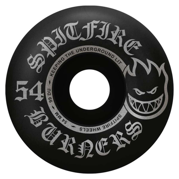 The SPITFIRE BURNERS 99D 54MM BLACK skateboard wheel prominently features the SPITFIRE branding and the phrase "Keeping the Underground Lit" engraved in silver, adorned with a striking flame graphic. Ideal for entry-level skateboarders, these 54mm, 99D wheels ensure a smooth and stylish ride.