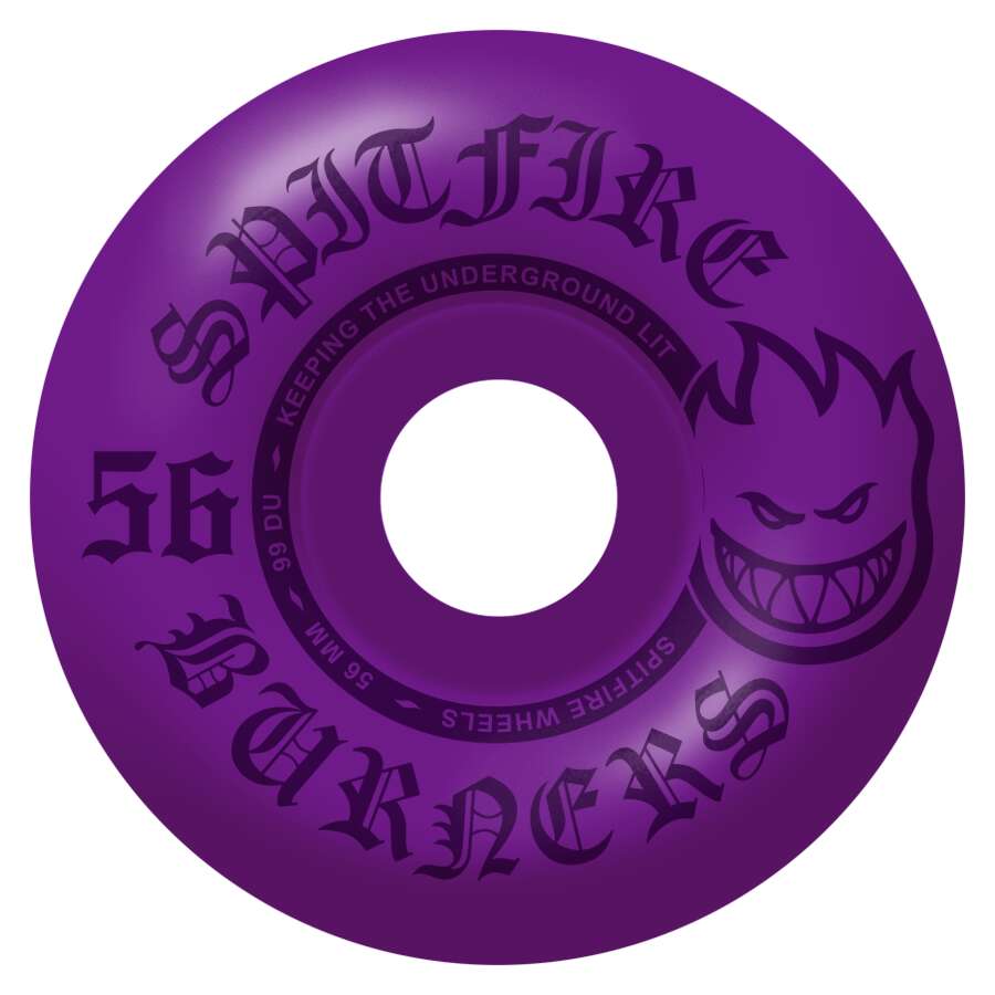 The SPITFIRE BURNERS 99D 56MM PURPLE skateboard wheel showcases the classic "Spitfire Burners 56mm 99 DU" in black text. Highlighted with a stylized flame logo, these wheels are designed with a superior Urethane Formula, ideal for performance-driven skaters.