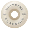 A white skateboard wheel from SPITFIRE, labeled "SPITFIRE CLASSICS 99D 54MM.