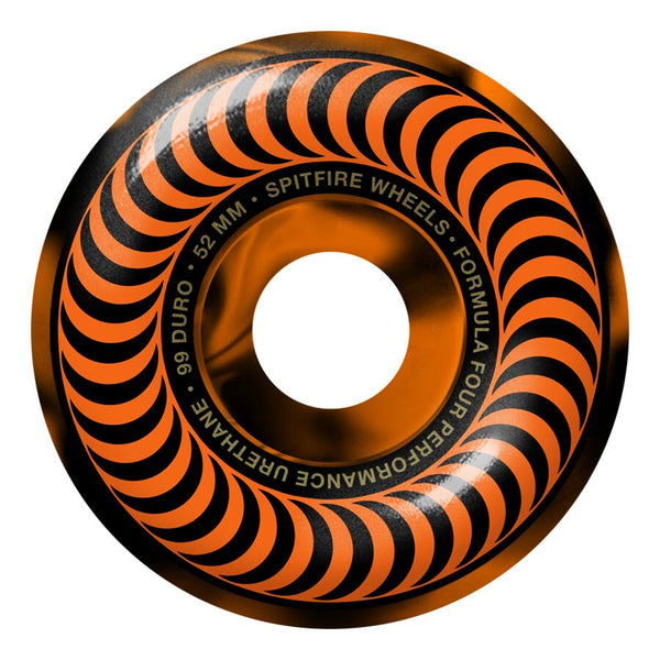 A close-up image of an orange and black skate wheel labeled "SPITFIRE - SPITFIRE F4 CLASSICS 99D 52MM SWIRL BLK/ORG.