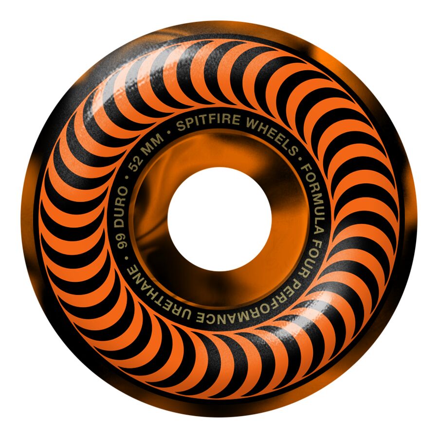 A close-up image of an orange and black skate wheel labeled "SPITFIRE - SPITFIRE F4 CLASSICS 99D 52MM SWIRL BLK/ORG.