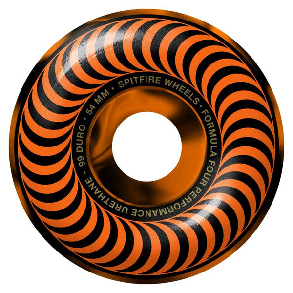 A skateboard wheel featuring an orange and black swirl design. It has text reading, "SPITFIRE F4 CLASSICS 99D 54MM," from the brand SPITFIRE.