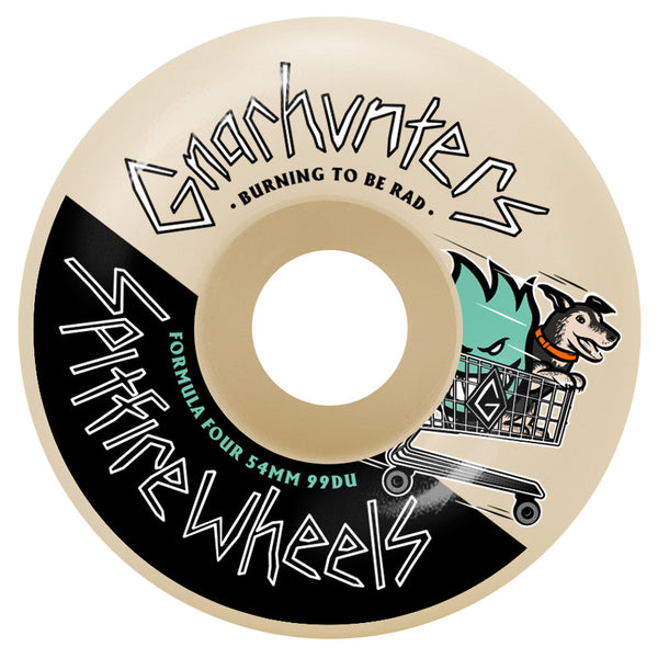A white SPITFIRE F4 GNARHUNTER 99A 54MM skateboard wheel with a black and white design.
