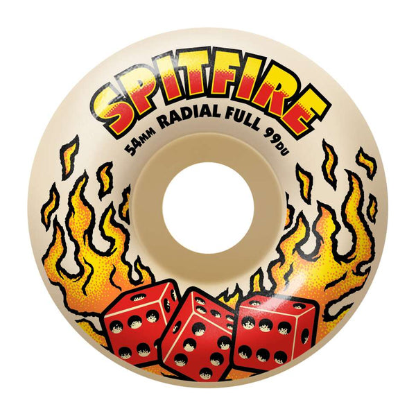 A 54mm skateboard wheel from Spitfire, the F4 Hot Hand Radial Full 99D model, adorned with flames and dice illustrations inspired by Delfino Turbo Radials.