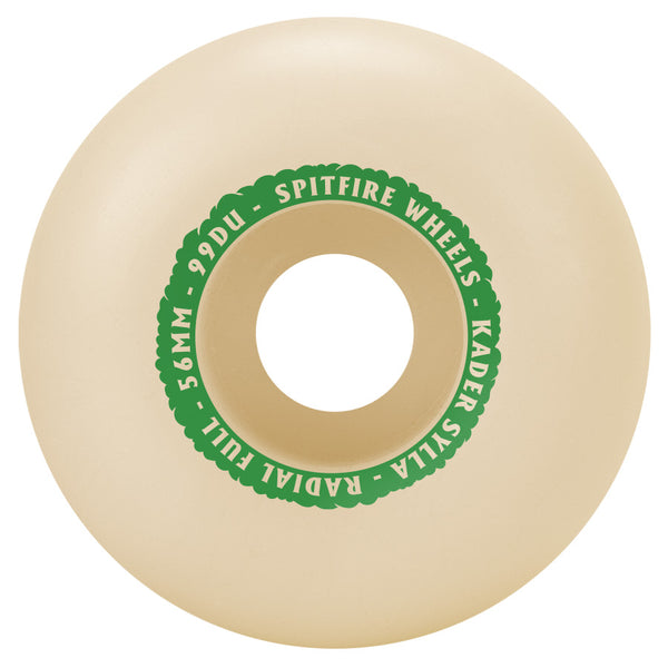 A white SPITFIRE F4 KADER PUFFS 99D 59MM RADIAL FULL skateboard wheel with green lettering on it.