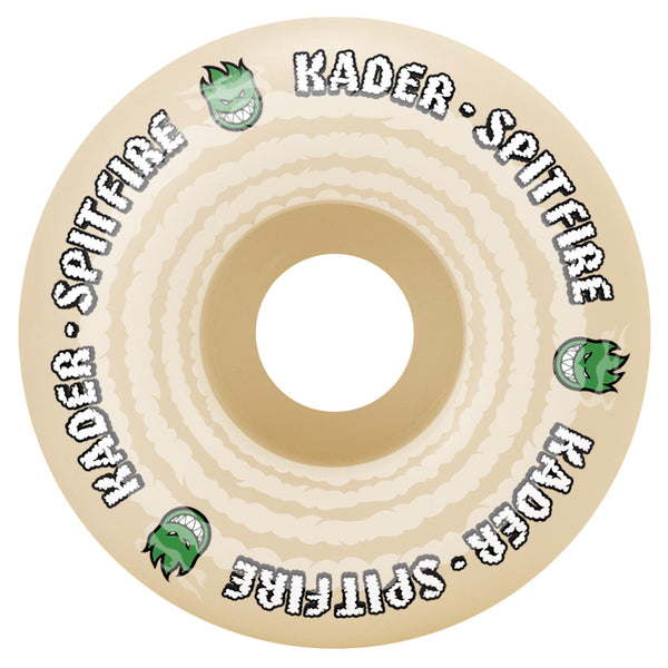 A SPITFIRE F4 KADER PUFFS 99D 59MM RADIAL FULL skateboard wheel with stickers on it.