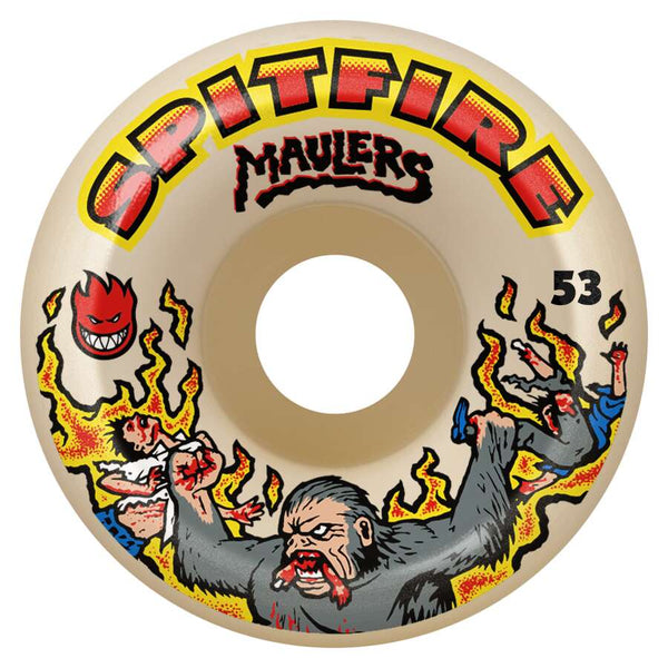 SPITFIRE F4 Maulers Conical Full 99D 53mm skateboard wheels feature cartoon gorillas and flames, enhanced with Formula Four technology for superior performance and style.