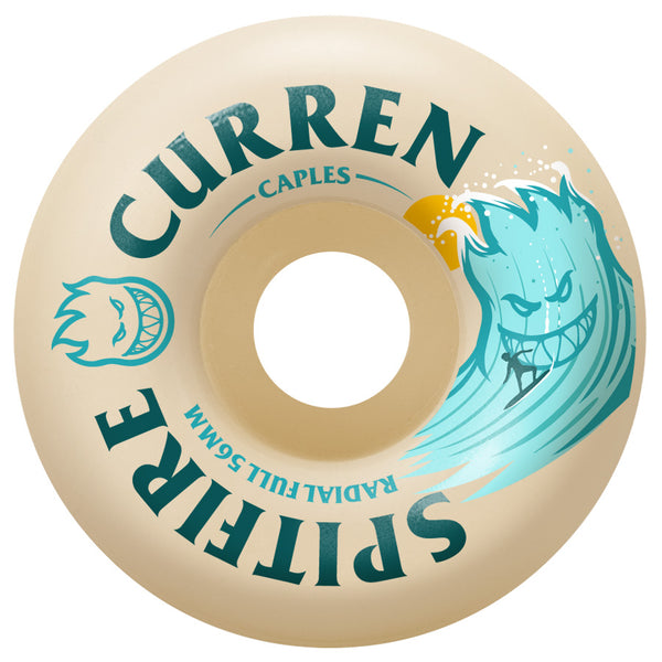A SPITFIRE F4 CURREN BURN SQUAD RADIAL FULL 56MM skateboard wheel with a blue wave on it, designed by Ryan Burn.