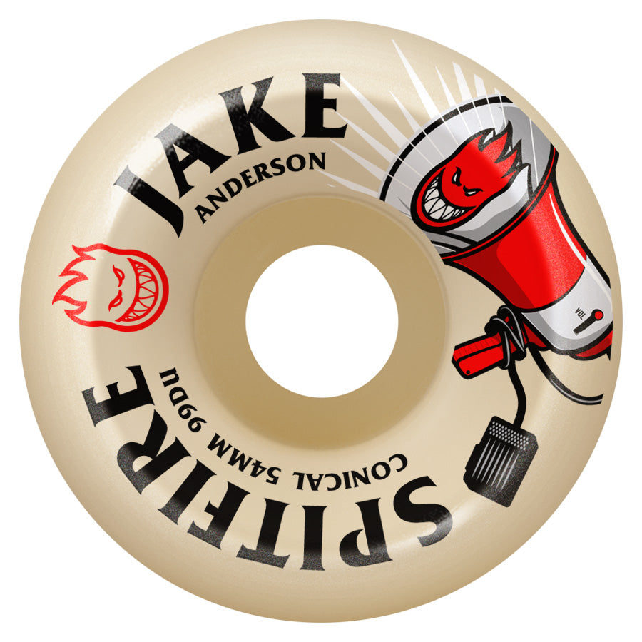 Jake Anderson's skateboard wheels featuring an image of a fire, equipped with Spitfire's Formula Four technology have been replaced with the SPITFIRE F4 JAKE BURN SQUAD CONICAL 54MM skateboard wheels by SPITFIRE.