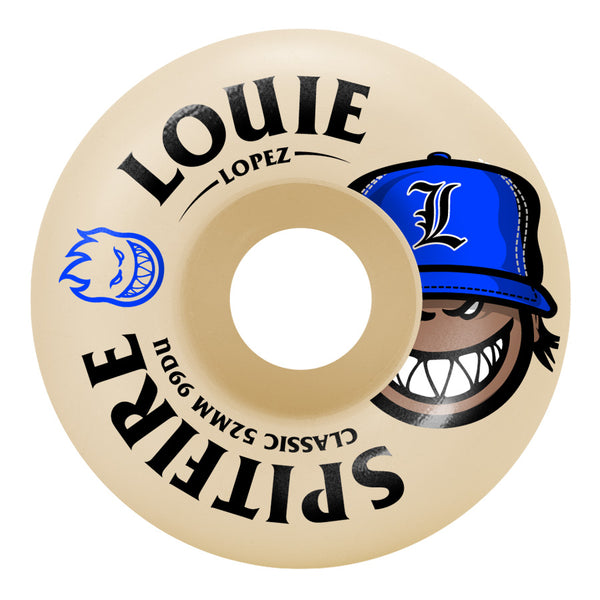 A SPITFIRE F4 LOUIE BURN SQUAD CLASSIC 52MM skateboard wheel with the word "Louie" on it.