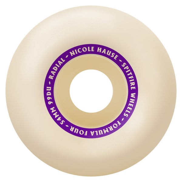 A white and purple skateboard wheel with the word Nicole Hudson on it, featuring SPITFIRE HAUSE KITTED F4 99A 54MM technology.