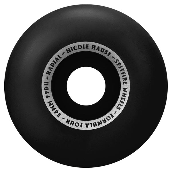 A black SPITFIRE skateboard wheel with the words Nicole Hare on it, designed with the SPITFIRE Formula Four graphic.