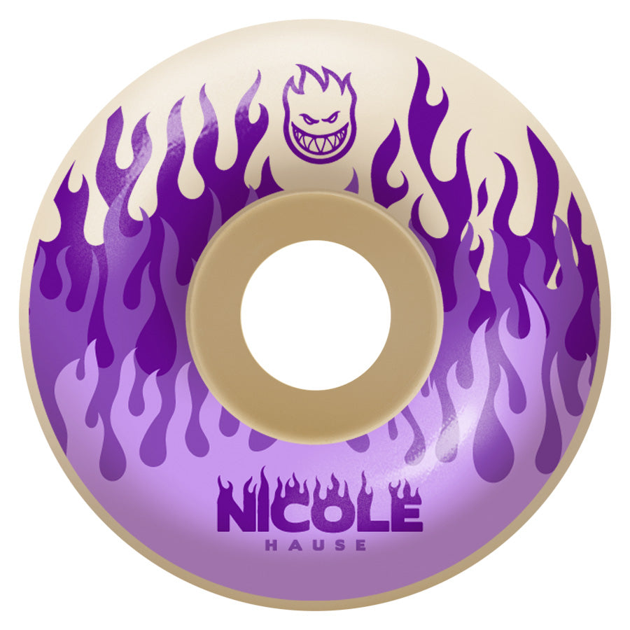 Nicole skateboard wheels featuring purple flames, available in SPITFIRE HAUSE KITTED F4 99A 54MM.