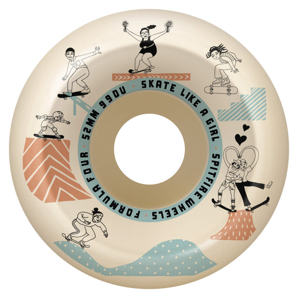 A white wheel with a drawing of girls skating on it.