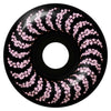 A 56mm black circular item with a central hole and adorned with a spiral pattern of pink cherry blossoms is called SPITFIRE F4 Yuto Cherry Blossom Classics 99D.