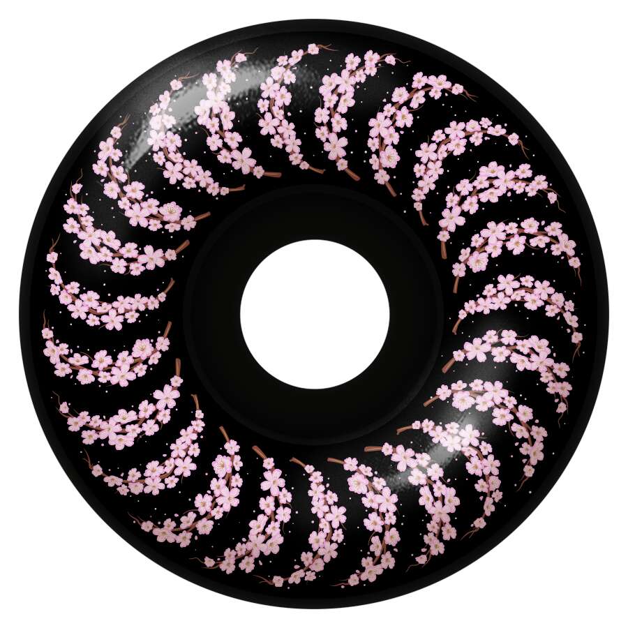 A 56mm black circular item with a central hole and adorned with a spiral pattern of pink cherry blossoms is called SPITFIRE F4 Yuto Cherry Blossom Classics 99D.