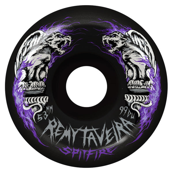 Skateboard wheel with graphic design featuring stylized lions and the text "remains" and SPITFIRE F4 TAVEIRA CHIMERA 99D 53MM BLACK.