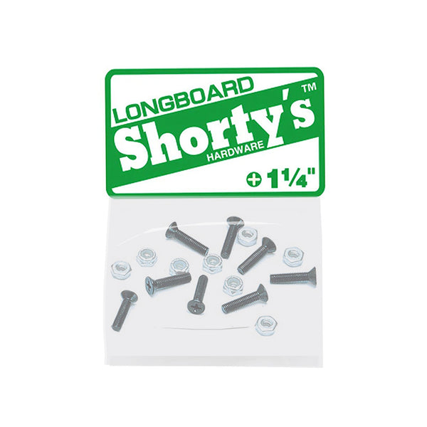 A clear plastic case labeled "pig SHORTY'S HARDWARE 1.25\" PHILLIPS" holds several black 1.25-inch Phillips riser bolts and nuts, all neatly organized inside.