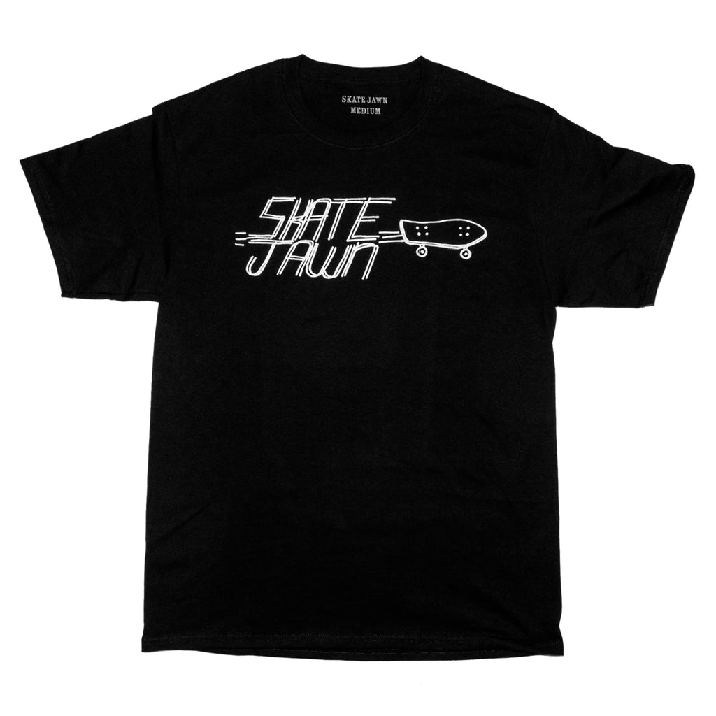 A SKATE JAWN CRUISER TEE BLACK with a skateboard on it.