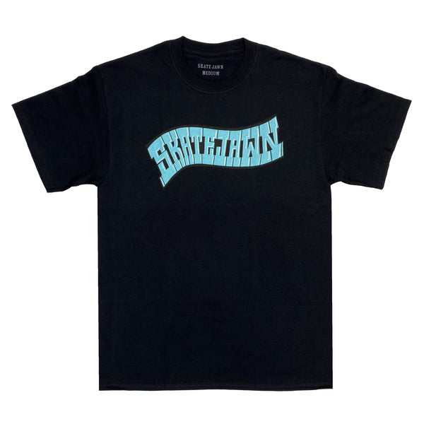 A Skate Jawn black t-shirt with a blue logo on it.
