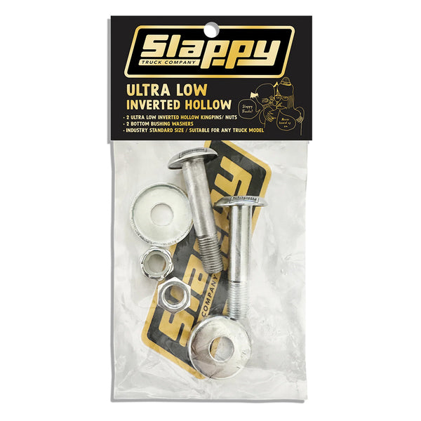 The Bluetile Skateboards SLAPPY ULTRA LOW INVERTED HOLLOW KINGPINS POLISHED set includes bolts, nuts, washers, a sticker, and features an ultra low hollow kingpin design for superior grind clearance.