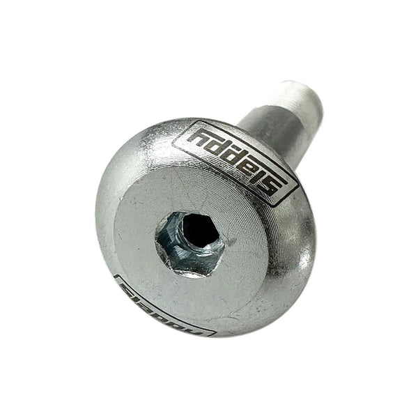 Close-up of a polished SLAPPY ULTRA LOW INVERTED HOLLOW KINGPIN by Bluetile Skateboards, featuring a round head and hex socket, isolated on a white background.