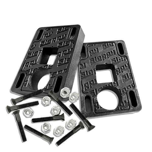 The SLAPPY TRUCKS SLAPPY BIG BLOCKS WITH HARDWARE 1/2 INCH set includes two black riser pads with embossed logos, six black 1/2 inch bolts, and six silver nuts, all shown on a white background.
