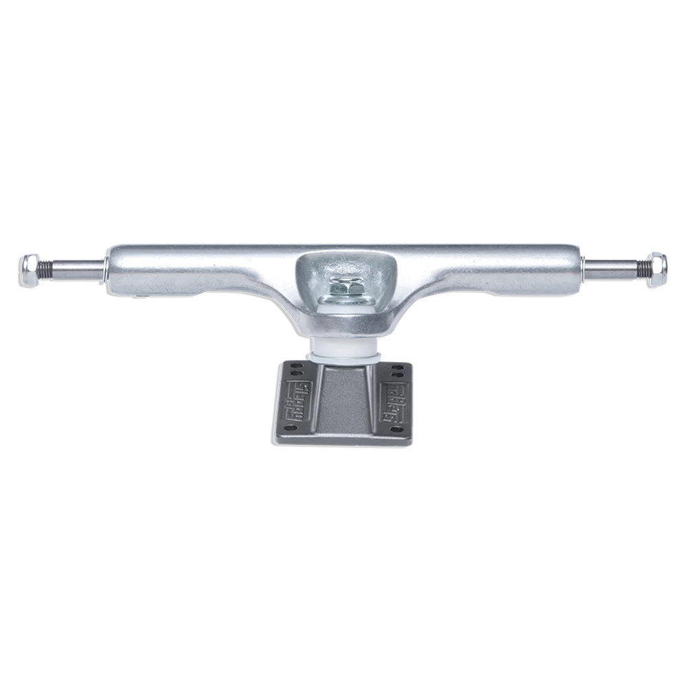 The SLAPPY TRUCKS SLAPPY ST1 Hollow Lights 10.0 in gunmetal are beautifully displayed horizontally against a white background, highlighting the visible kingpin and mounting baseplate. These silver skateboard trucks pair perfectly with the Classic Hollow for improved performance and style.