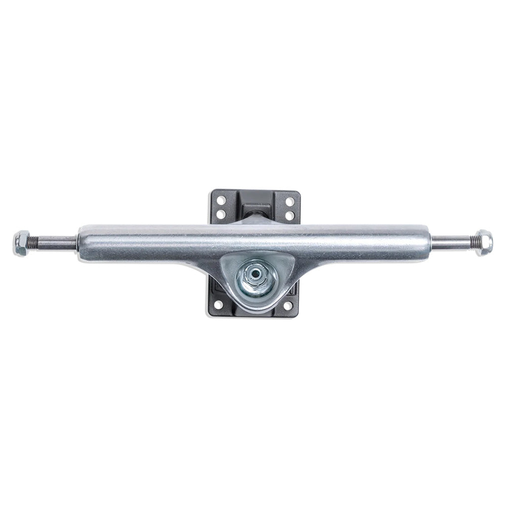 A gunmetal skateboard truck set, including a mounting base and axle screws, seen from above, ideal for SLAPPY ST1 HOLLOW LIGHTS 10.0 by SLAPPY TRUCKS.