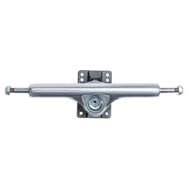 A gunmetal skateboard truck set, including a mounting base and axle screws, seen from above, ideal for SLAPPY ST1 HOLLOW LIGHTS 10.0 by SLAPPY TRUCKS.