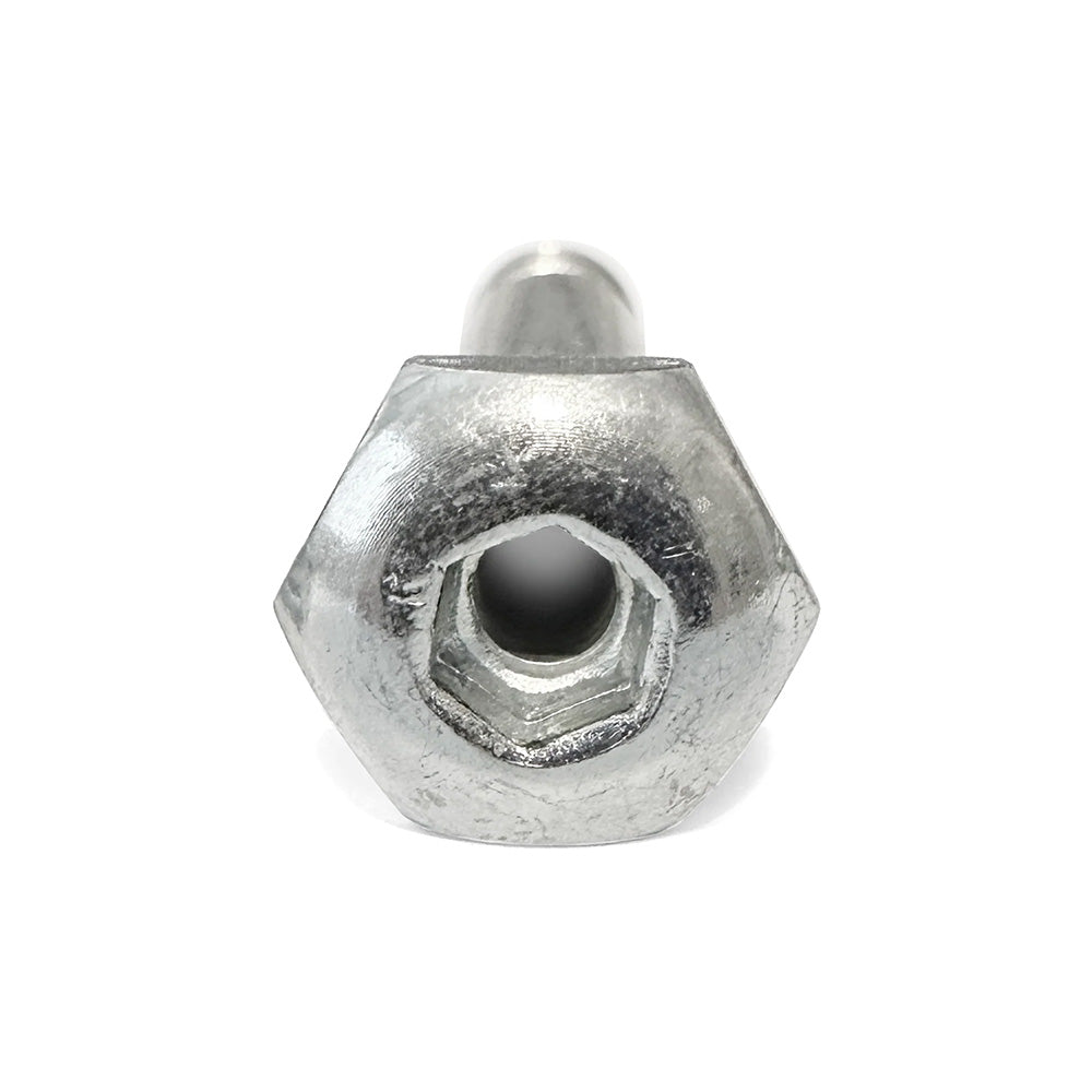Close-up of a SLAPPY INVERTED HOLLOW KINGPINS POLISHED hex nut and bolt from Bluetile Skateboards, designed for skateboard trucks, shown against a white background with the bolt visible through the nut’s center.