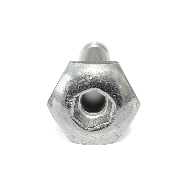 Close-up of a SLAPPY INVERTED HOLLOW KINGPINS POLISHED hex nut and bolt from Bluetile Skateboards, designed for skateboard trucks, shown against a white background with the bolt visible through the nut’s center.
