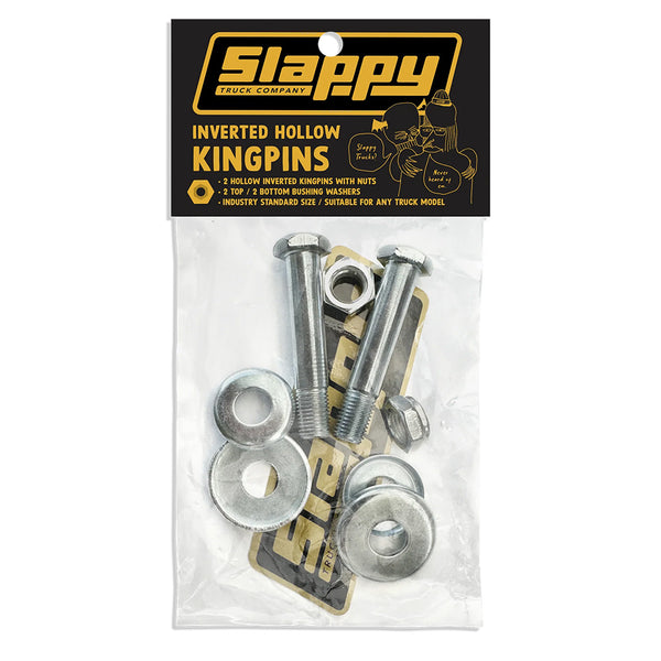 A package of Bluetile Skateboards SLAPPY INVERTED HOLLOW KINGPINS POLISHED with nuts and washers, ideal skateboard truck accessories for use with skateboard trucks.