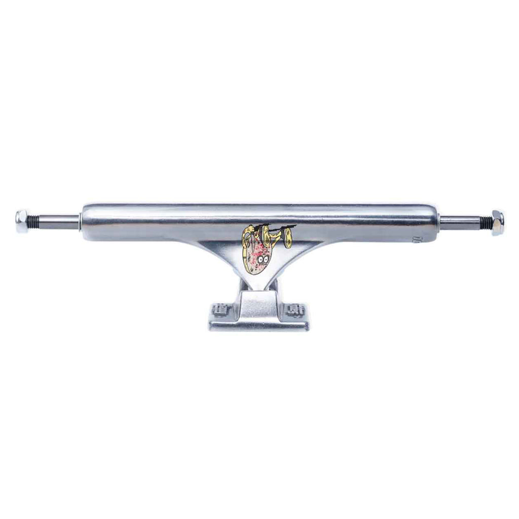 Close-up of a silver SLAPPY TRUCKS SLAPPY ST1 INVERTED CURB KILLER 10.0 (SET OF TWO) featuring an illustration of a face with exaggerated features in the center. The polished hanger showcases two bolts at each end, and the hollow kingpins ensure optimum grind clearance.
