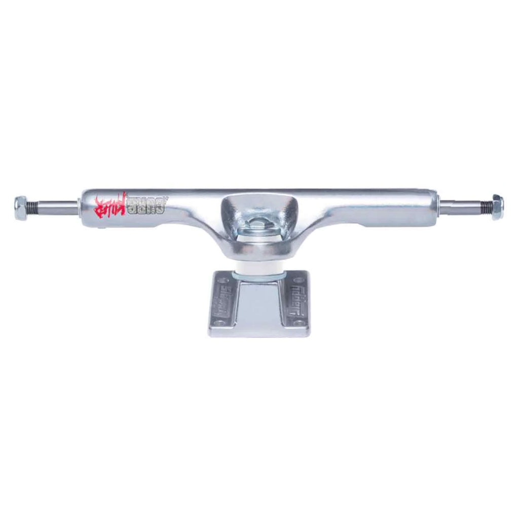 Close-up of a SLAPPY TRUCKS SLAPPY ST1 INVERTED CURB KILLER 10.0 (SET OF TWO) with a red and black logo on one side, showcasing its central axle, baseplate, hollow kingpins, and mounting hardware. The polished hanger ensures an optimum grind clearance for smooth skating performance.