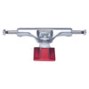 A SLAPPY TRUCKS SLAPPY ST1 LIGHTS 8.5 RED (SET OF TWO) skateboard truck with a silver body and a red baseplate, showing axles with nuts on both ends, designed for MAX KINGPIN CLEARANCE.