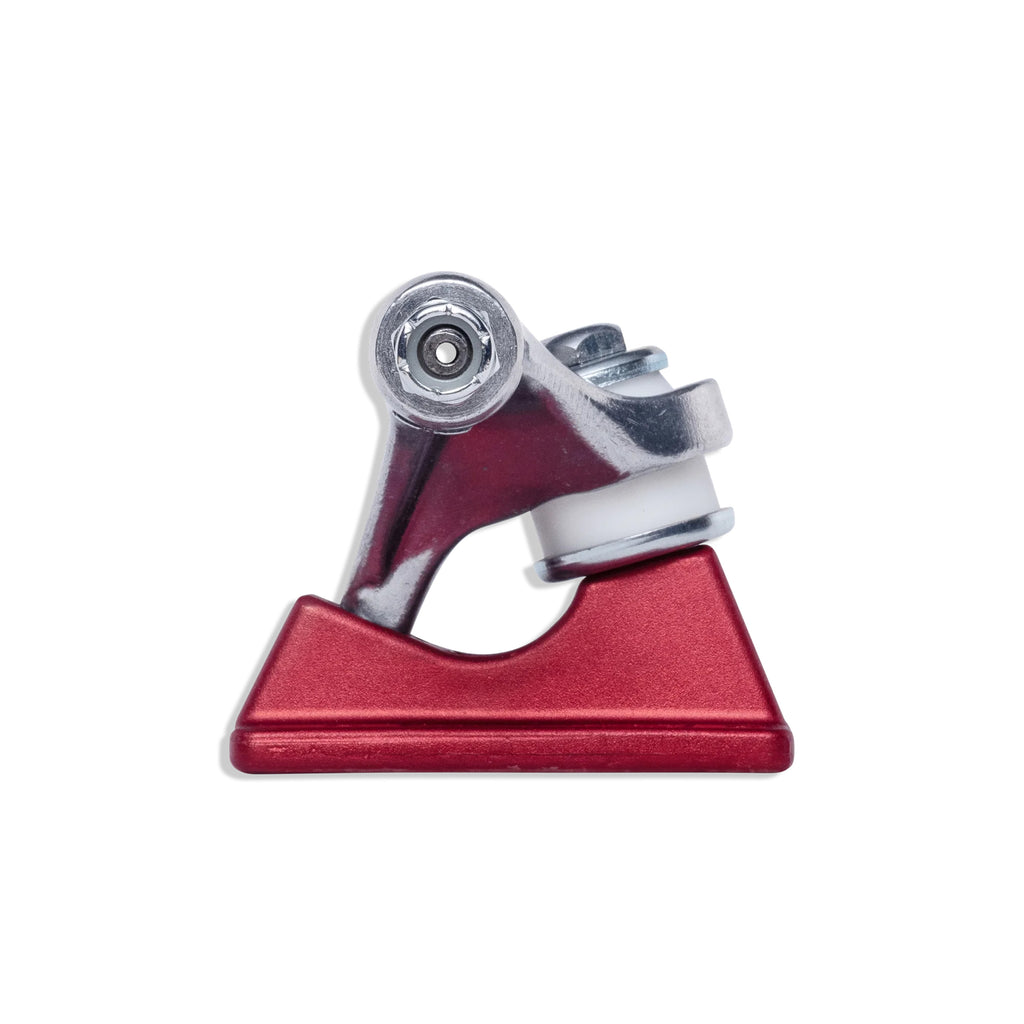 A metallic red and silver SLAPPY TRUCKS SLAPPY ST1 LIGHTS 8.5 RED (SET OF TWO) with a visible axle and bushing, isolated on a white background. This set of two offers maximum kingpin clearance for smooth, uninterrupted grinds.