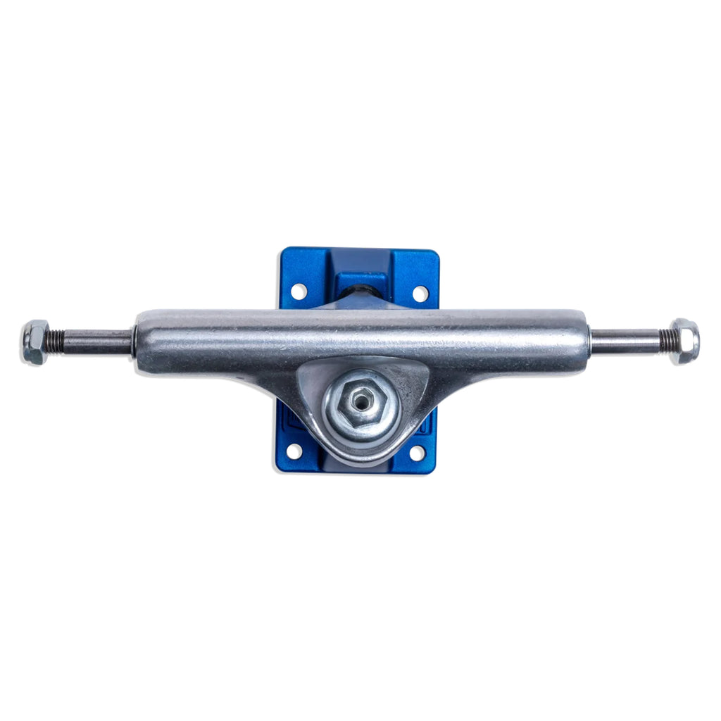 A silver skateboard truck with an inverted hollow kingpin, mounted on a blue forged baseplate, viewed from above. This is the SLAPPY ST1 LIGHTS 8.5 BLUE (SET OF TWO) by SLAPPY TRUCKS.