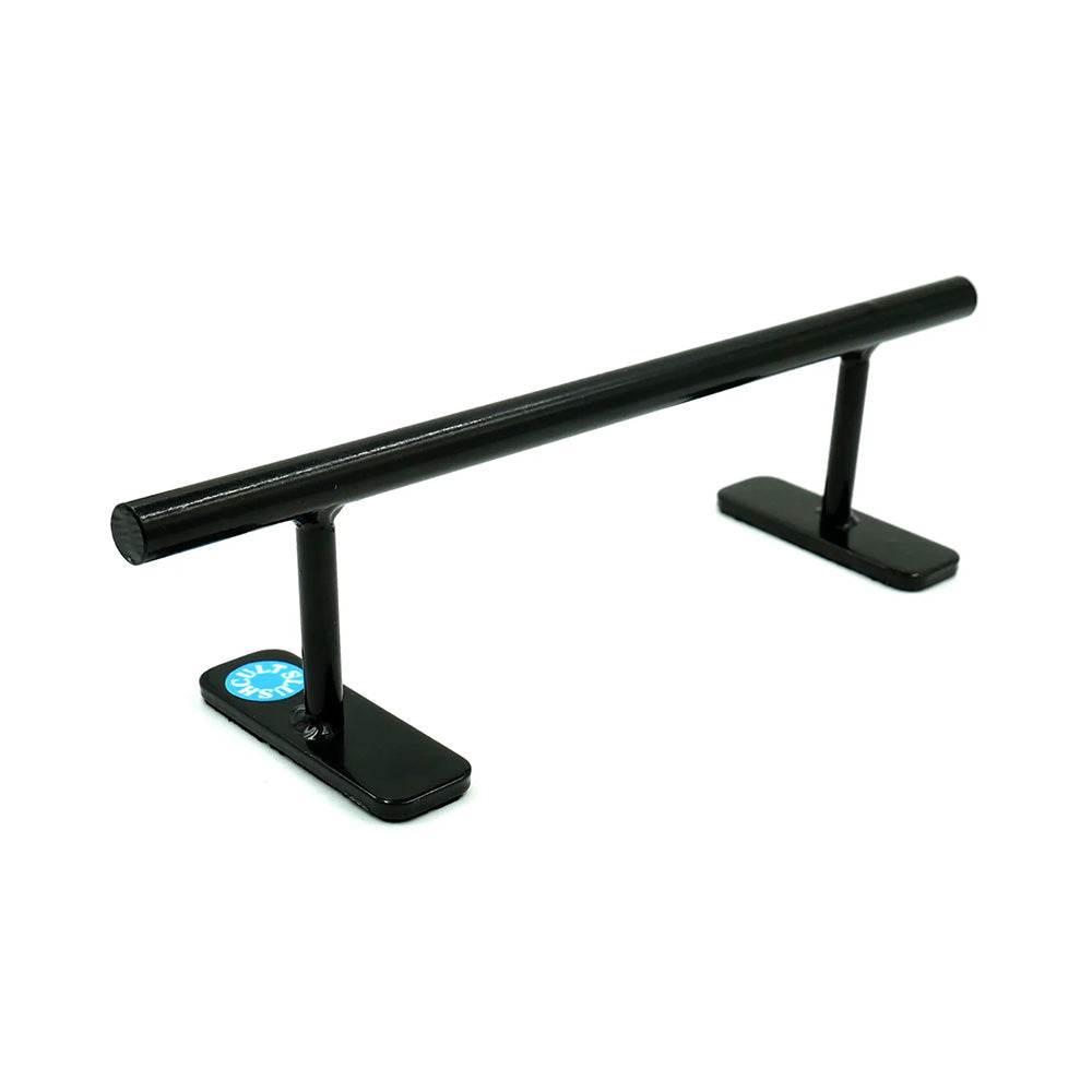 The SLUSHCULT FLAT BAR by SLUSHCULT is a small, black, powder-coated metal fingerboard rail with a thicker diameter and two flat rectangular bases for stability, shown on a white background.