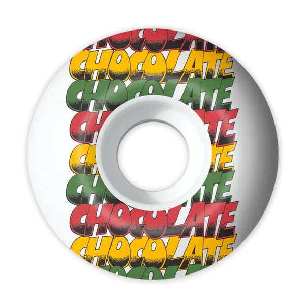 A skateboard wheel with the CHOCOLATE SOUND SYSTEM 52MM 99A STAPLE CHOCOLATE on it.