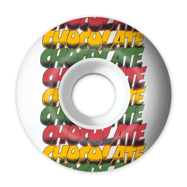 A skateboard wheel with the Chocolate Sound System 54mm 99a Staple from Chocolate on it.