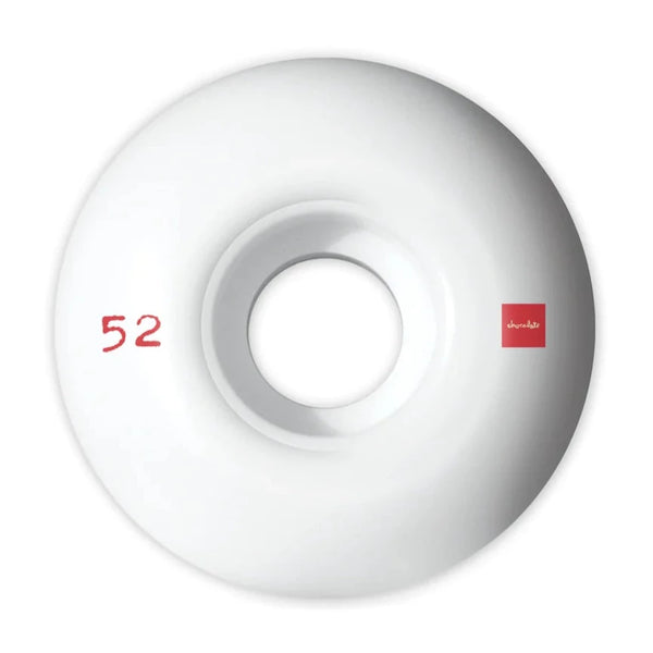 A white CHOCOLATE skateboard wheel with the word 52 on it.
