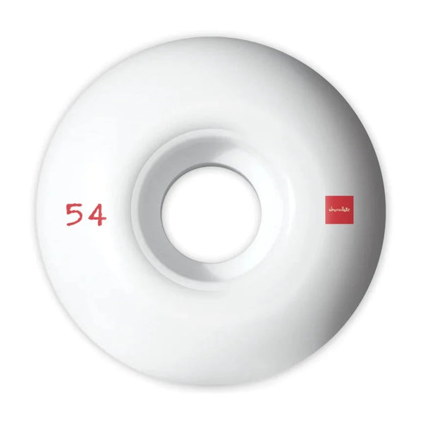 A white CHOCOLATE skateboard wheel with the number 54 on it.