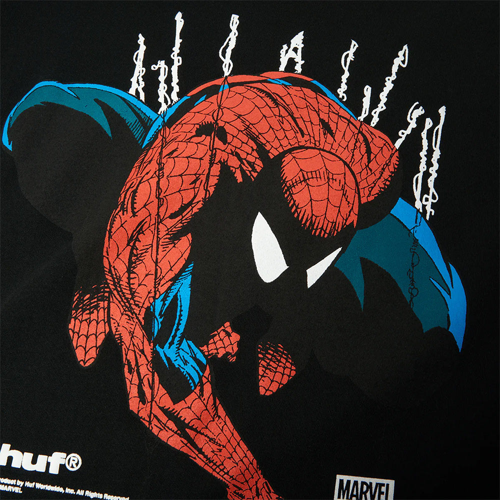 Illustration of Spider-Man crouching with white web lines overhead and Marvel x HUF logos below, featured on the HUF X MARVEL SPIDER-MAN PERCEPTIONS T-SHIRT—ideal for fans of Spider-Man or Marvel tees.